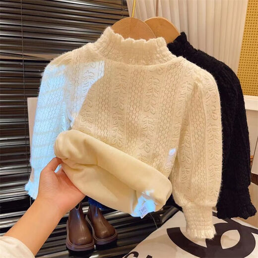 Disney girls' stylish velvet sweater for winter, Korean style baby inner wear, Lolita bottoming shirt, lace long-sleeved top, white velvet (high-quality fabric) 90