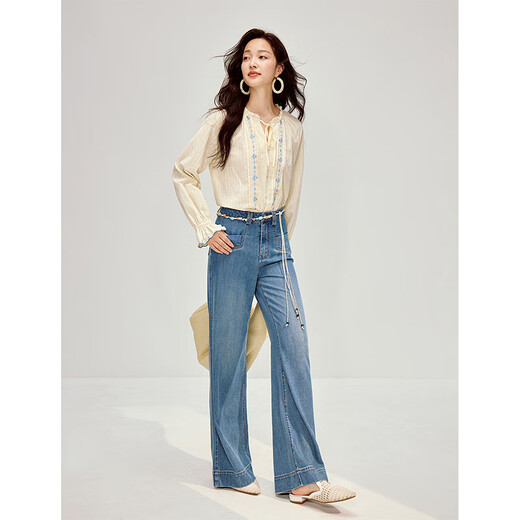 INMAN contrast embroidered lace temperament shirt 2026 spring women's new style simple commuting loose long-sleeved shirt beige M