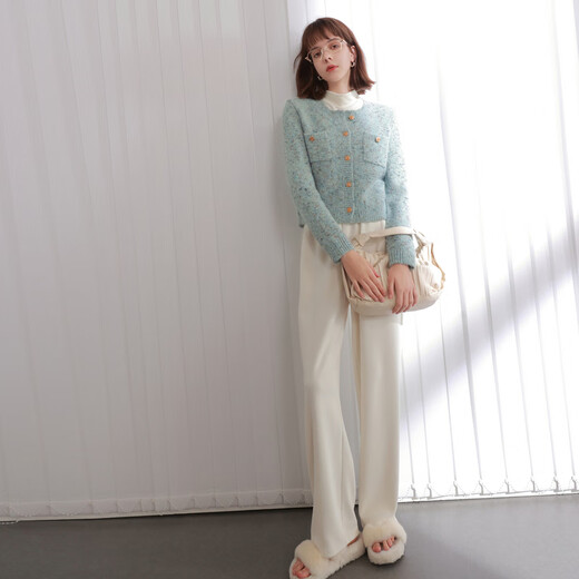 Sancai 2025 new winter style cream floral yarn sweater fragrant round neck sweater cardigan short sweater M