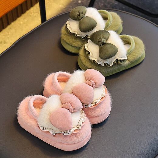 Winter children's cotton slippers for girls and princesses, non-slip EVA warm plus fluffy bow, small and medium-sized children's cotton slippers, upgraded version of environmentally friendly material pink (heel included) 12 28/29 size (inner length 17CM, no rear elastic band
