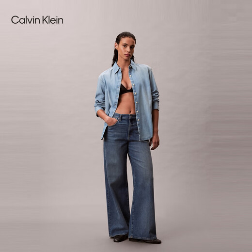 Calvin KleinJeans Spring and Autumn Women's American Trendy Retro Casual ck Light Blue Washed Cotton Loose Denim Shirt 346-denim light blue S