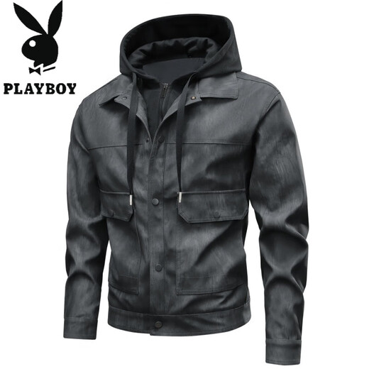 Playboy (PLAYBOY) Leather Men's Jacket 2025 New Autumn and Winter Trendy Brand Plus Velvet Warm and Handsome Fake Two-piece Detachable Hooded Leather Jacket Brown M