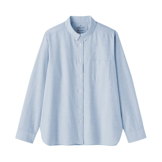 MUJI Women's Cotton Washed Oxford Button Collar Long Sleeve Shirt Saxony Blue L