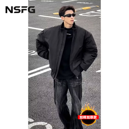 NSFG American bomber jacket autumn men's bomber winter shoulder workwear short cotton thickened baseball uniform black cotton style XL (145-165Jin Jin equals 0.5kg)