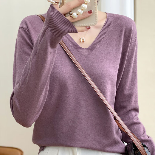 2025 new autumn fashionable bottoming shirt V-neck long-sleeved pullover sweater loose slimming versatile women's top pullover V-neck - gray XL 120-140Jin Jin equals 0.5 kg