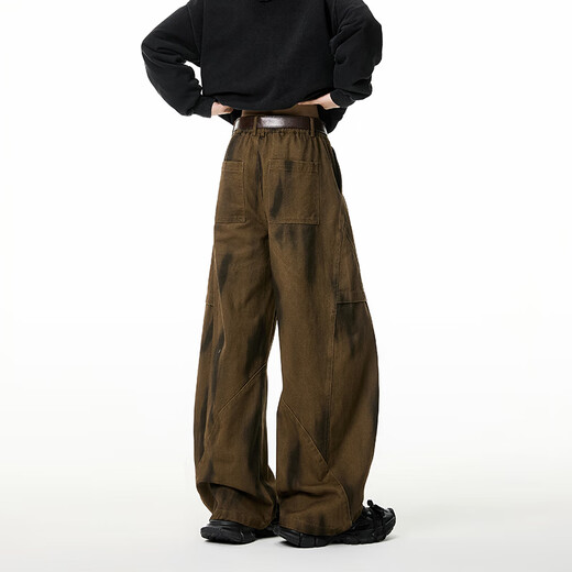 IZEXX American retro tie-dye scimitar pants men's autumn straight loose wide-leg casual overalls KY56 coffee color L