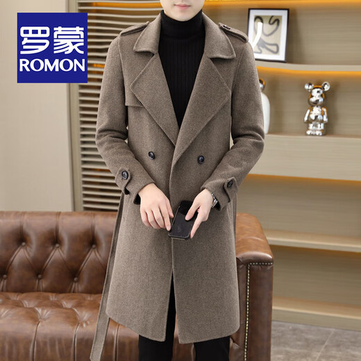 ROMON high-end over-the-knee double-sided woolen coat for men, long autumn and winter new style, thickened and handsome woolen windbreaker for men, brown XL size