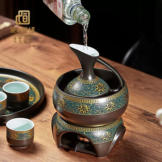 Yusen Yi Porcelain Constant Pot Art Wine Warmer Household Yellow Wine Wine Warmer Japanese Wine Set Set White Wine Sake Ceramic Hot Wine Ancient Rhyme Round Pot Wine Ware One Pot 6 Cups - Wine Warming Bowl - Heating Table 6 Pieces