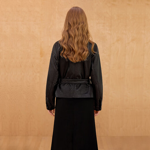 Shechi PU Jacket 2025 Autumn New Women's Fashion Loose Style Dropped Shoulder Sleeves Lapel Single-Breasted Cropped Top Black M