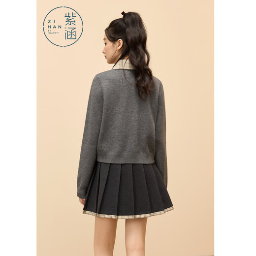 Zihan (ZIHAN) Zihan plaid shirt collar knitted cardigan A-line pleated skirt upper and lower two-piece suit for women 2025 winter new style Yuandai Gray XS