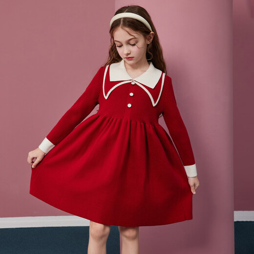 ASK JUNIOR Girls Skirt 2025 Winter Warm Double Lapel Contrast Color Knitted Princess Skirt New Year Red Dress
