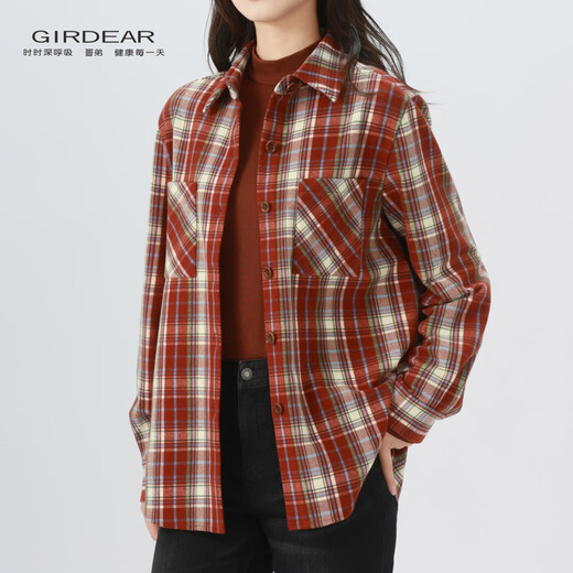 GIRDEAR Women's Top Fashion Classic Versatile Loose Casual Retro Plaid Long Sleeve Shirt Jacket 1400458 Red Brown Plaid Scottish Plaid S 2 Size