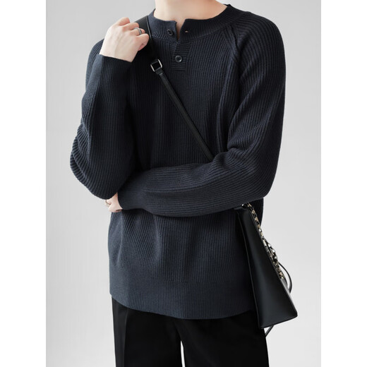 Gray American Henley Collar Sweater Men's Winter Thickened Lazy Style Bottoming Sweater Cleanfit Jacket Men's Black L