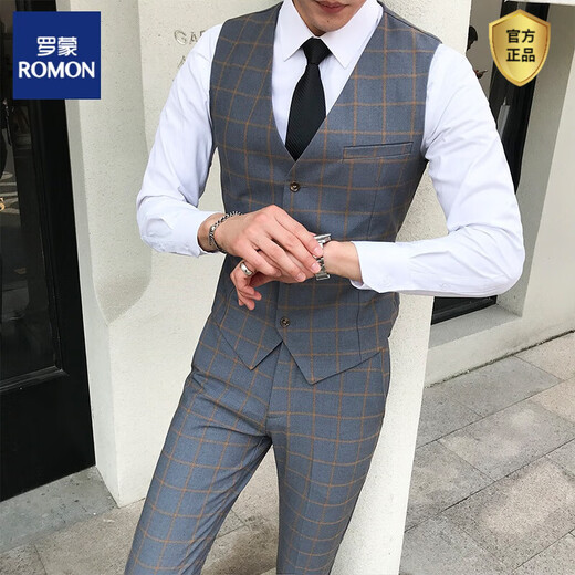 ROMON men's three-piece suit, tailored shirt, hairstylist plaid pants, Korean trendy suit suit, vest, male groomsman ao1909 light gray plaid vest 3XL 146 - 155Jin Jin is equal to 0.5 kg