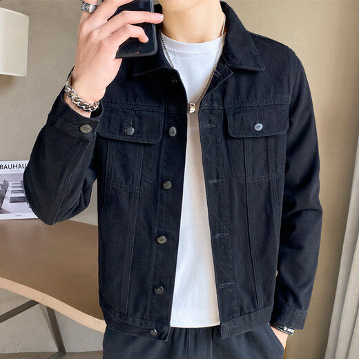 ROYAL PALM POLO SPORTS CLUB Spring and Autumn Black Denim Jacket Men's Casual Fashion Korean Style Men's Jacket Jacket Men's Lapel Retro Trend Black-940 Styles XL