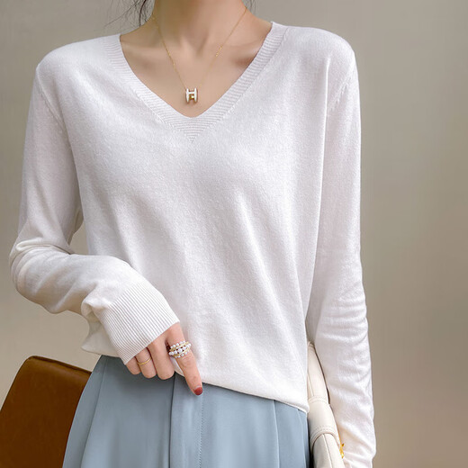 2025 new autumn fashionable bottoming shirt V-neck long-sleeved pullover sweater loose slimming versatile women's top pullover V-neck - gray XL 120-140Jin Jin equals 0.5 kg