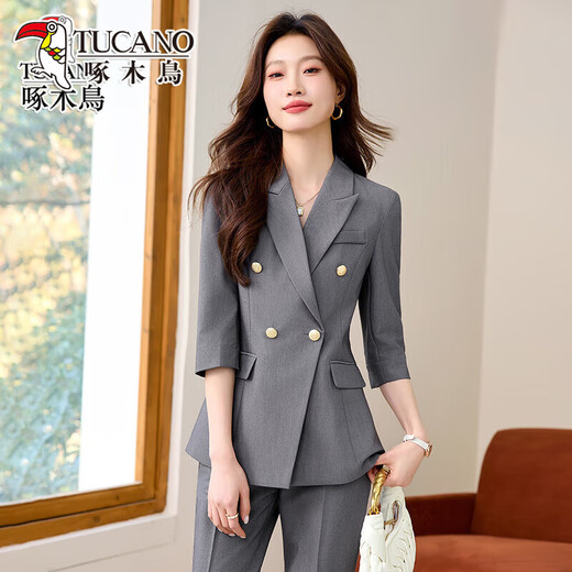Woodpecker Summer Business Suit Suit Women's Thin Interview Formal High-end Mid-Sleeve Suit Jacket Temperament Work Wear Black Suit + Black Formal Pants L
