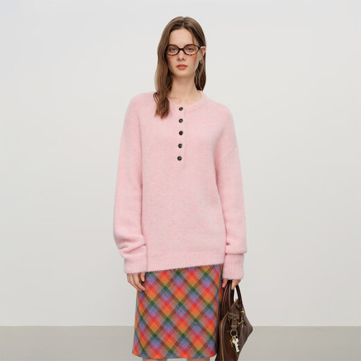 Fanslan half-carded Henry collar alpaca sweater for women 2025 winter new style minimalist loose stand-up collar top 4154 smoke pink L