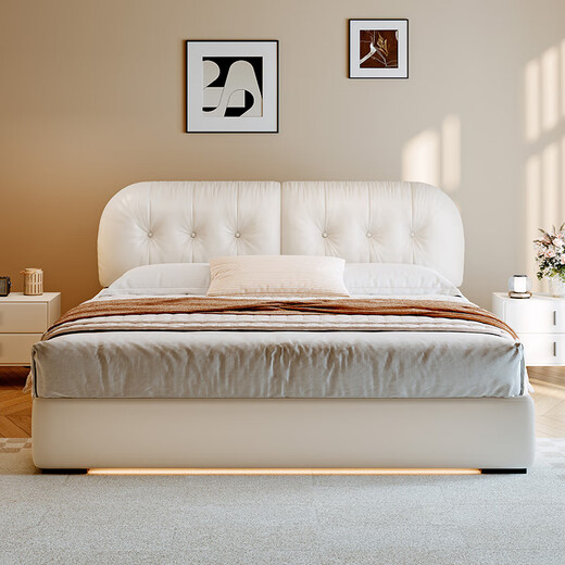 Winter Bear Toffee Cloud Bed Ultra-Thin Bedside Leather Puff Cream Style Double Master Bedroom High Box Storage Translation Bed Imported Cowhide Bed/Full Solid Wood Beech Rib Frame 1800mm*2000mm-Translation Storage Structure