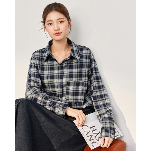 IEF/Aiyifu 2025 new autumn Korean style daily commuting versatile casual plaid college mid-length shirt blue apricot plaid one size