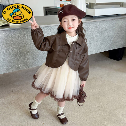 G.duck Girls' Western-style Autumn Dress Set 2025 New Children's Fashionable Princess Dress Baby Girl Spring and Autumn Dress Trendy Brown 120 cm