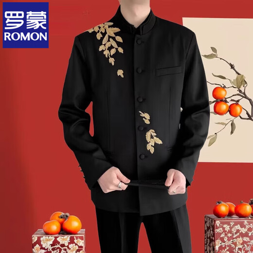 ROMON Haute Couture New Chinese Style Groom's Suit Heavy Industry Handmade Beaded Chinese Style Stand Collar Suit Improved Chinese Tuan Suit Tang Suit Black (Single Suit) 2XL