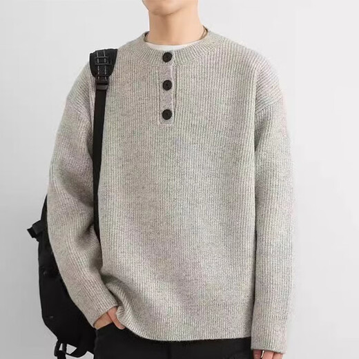 PLAYBOY Sweater Men's Autumn and Winter Casual Loose Warm Henley Collar Pullover Sweater Outdoor Top Dark Gray 2XL