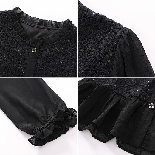 Qian Bai Nian Elegant Fungus Collar Exquisite Lace Long Sleeve Shirt Women's Spring and Autumn New Design Age-Reducing Top Classic Black XXL