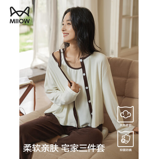 Cat man [three-piece suspender set] Women's pajamas for women in spring and autumn, can wear home clothes with long sleeves, sexy and pure 25 years new product