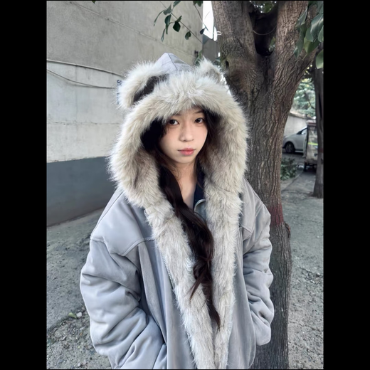 Yifansha cotton coat for women winter mountain sculpture cat ear fur collar hooded down jacket women short suede plush thickened jacket gray one size (please contact customer service to note the size)