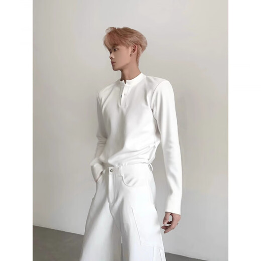 Xinghelai White Henley Collar Right Shoulder Heavy Long Sleeve T-Shirt Men's Handsome Bottoming Shirt Yuppi American Style White L 110-130Jin Jin is equal to 0.5 kg