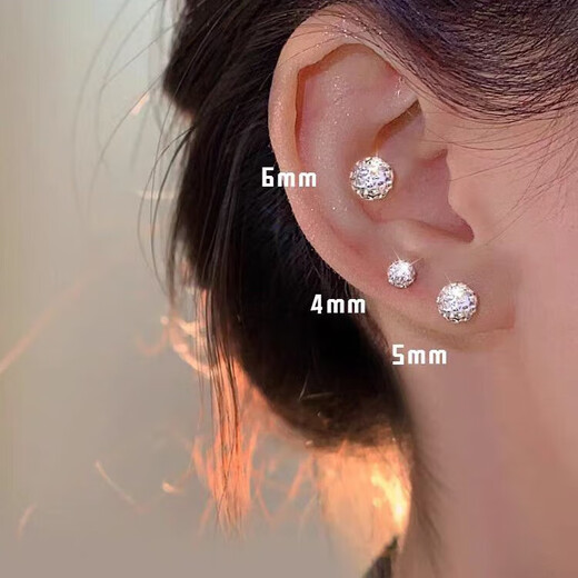 S999 sterling silver earrings for women with double-ended sparkling round high-end ear bone nails Czech ball earrings gift box white light Czech ball 6MM gift box packaging 99 silver