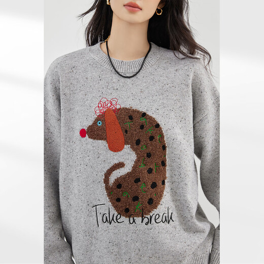 Dialogue (DUIBAI) Art Painting Co-branded Design Sense Niche Jacquard Round Neck Sweater Women's 2025 Winter New Pullover Sweater Korean Gray S