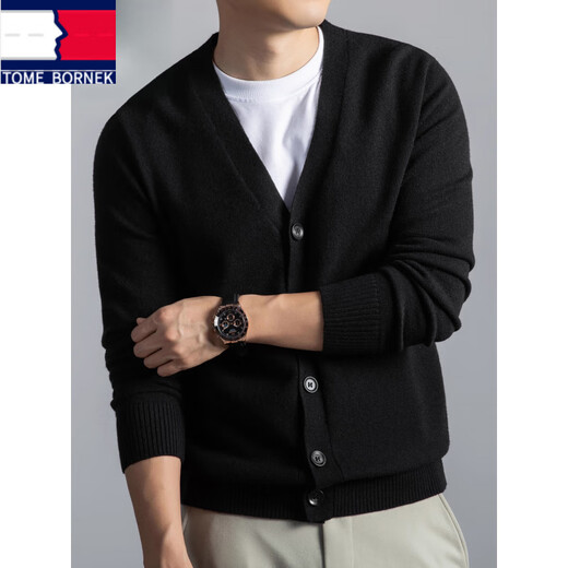 TOME BORNEK high-end 100% pure wool cardigan men's V-neck autumn and winter middle-aged sweater jacket business casual knitted bottoming shirt navy blue XL recommended 140-155Jin Jin equals 0.5 kg