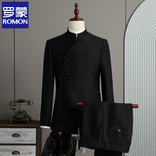 ROMON Chinese Style Stand Collar Suit Men's Suit Business Casual Versatile Fashion Banquet Button Dress Groom Wedding Suit Black (Single-piece Suit) XL (125-140Jin Jin equals 0.5kg)