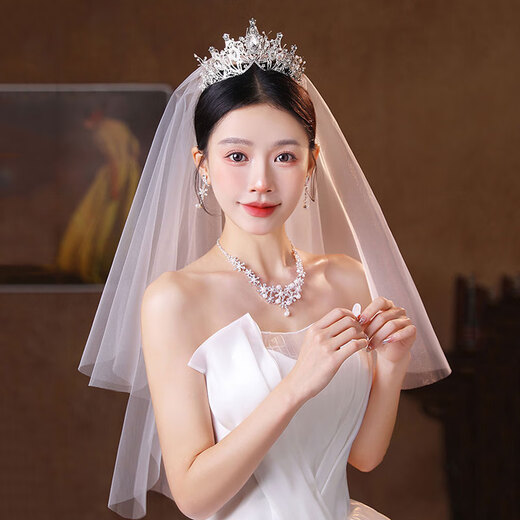 Bridal Crown Tiara, Veil, Proposal, Certificate, Marriage, Korean Forest Crystal Crown Wedding Dress, Hair Accessories for Adults, Crown + Veil + Necklace, Ear Clip Set, Four-piece Set