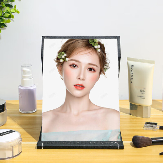 Desktop folding makeup mirror large with light led portable folding desktop high-definition desktop bedroom mirror student dormitory Internet celebrity dressing mirror 16*11 black right-angle leather mirror