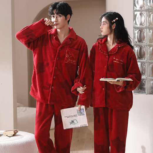 Two sets of modal wedding pajamas for couples in autumn and winter thickened coral velvet cartoon red home clothes for men and women new ZCM6618 coral velvet couple set M female + male XXL size
