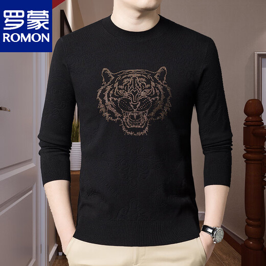 ROMON fashionable spring and autumn wool long-sleeved T-shirt men's round neck thin jacquard sweater slim knitted bottoming shirt for men H5511 black L 170120-135Jin Jin equals 0.5 kg