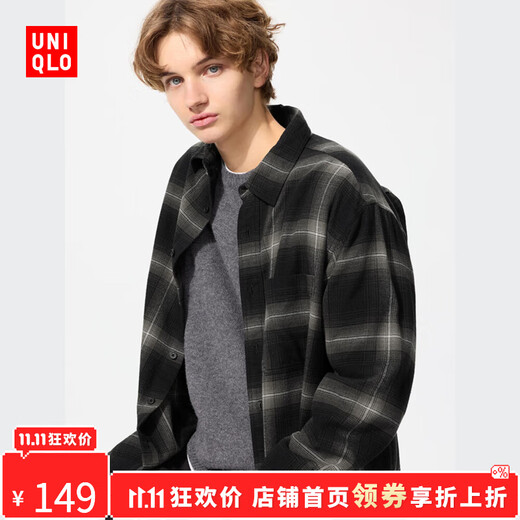 优衣库【惊喜价】男装女装法兰绒格子衬衫长袖衬衣休闲薄480768 09 黑色 XL /180/108B