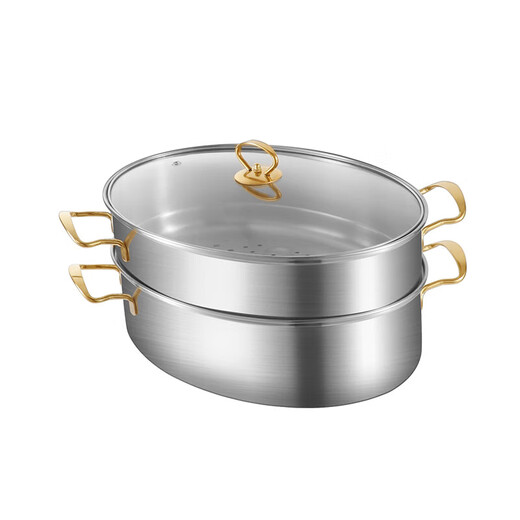Fish steaming pot oval steaming pot large capacity steaming fish plate household 304 stainless steel fish steaming pot steaming fish artifact golden handle fish steaming pot - with three-piece set of gift porcelain plates 2 layers 38.5cm