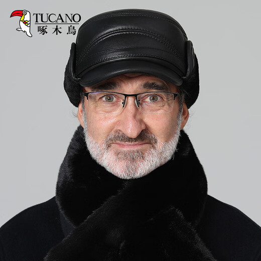 Woodpecker leather hat men's winter plus velvet warm sheepskin duck cap ear protection Lei Feng hat middle-aged and elderly flat-top baseball cap