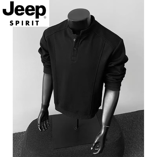 JEEP SPIRIT gray henley collar long-sleeved polo shirt men's American deconstructed splicing right shoulder T-shirt boxy version inner sweatshirt light gray long-sleeved L