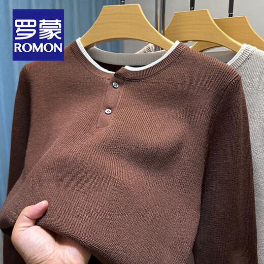 ROMON old money style Henry collar sweater men's long-sleeved bottoming shirt autumn and winter two-button inner thickened warm sweater beige XL 175