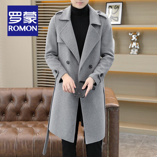 ROMON high-end over-the-knee double-sided woolen coat for men, long autumn and winter new style, thickened and handsome woolen windbreaker for men, brown XL size