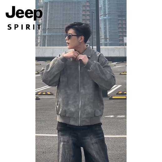 JEEP SPIRIT black and gray leather jacket men's spring and autumn American motorcycle short jacket handsome high-end lapel baseball uniform gray M
