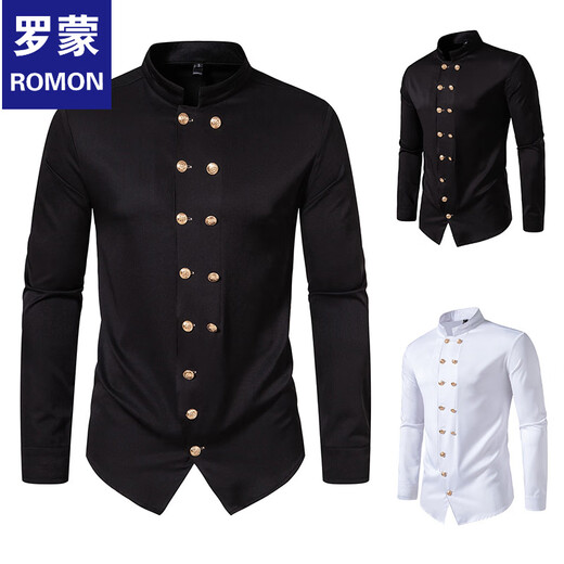 ROMON spring and autumn new long-sleeved shirt men's British retro double-breasted stand-up collar long-sleeved shirt Henry collar shirt white M