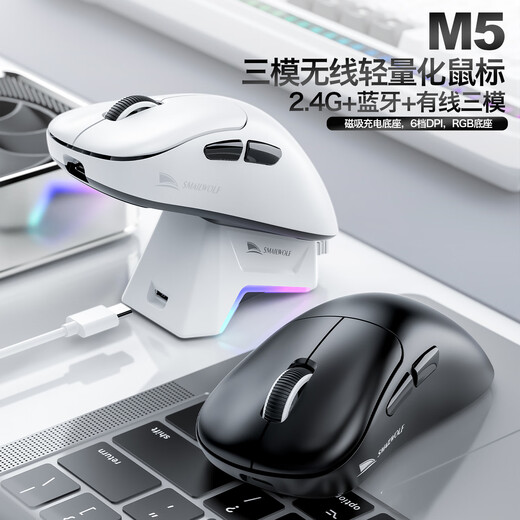 斯迈狼M5无线游戏鼠标电竞办公鼠标 有线/蓝牙/2.4G/三模连接轻量化极简工学设计 FPS吃鸡LOL 磁吸充电 M5【黑色三模】PAW311-磁吸充电座