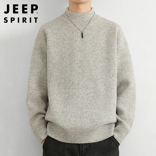 JEEP SPIRIT Jeep half-turtleneck sweater for men in autumn and winter trendy brand sweater for men with loose inner sweater, light gray XL