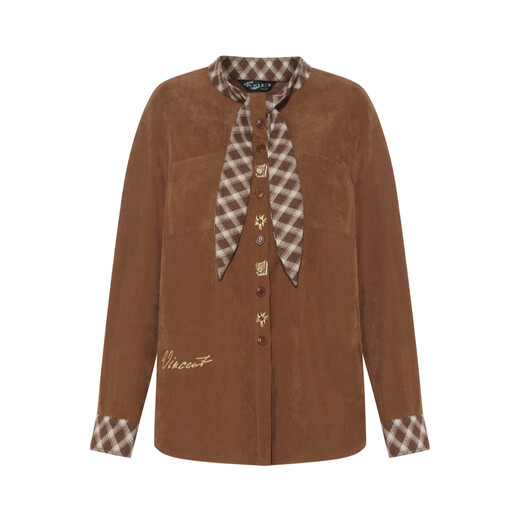 Two or Three Things Van Gogh Literature and Art Honey Thorns 2025 Winter New Plaid Tie Embroidered Long Sleeve Shirt for Women Brown L